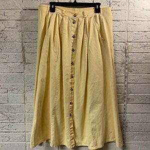 VTG 100% cotton button down yellow midi skirt w/ side pockets Medium